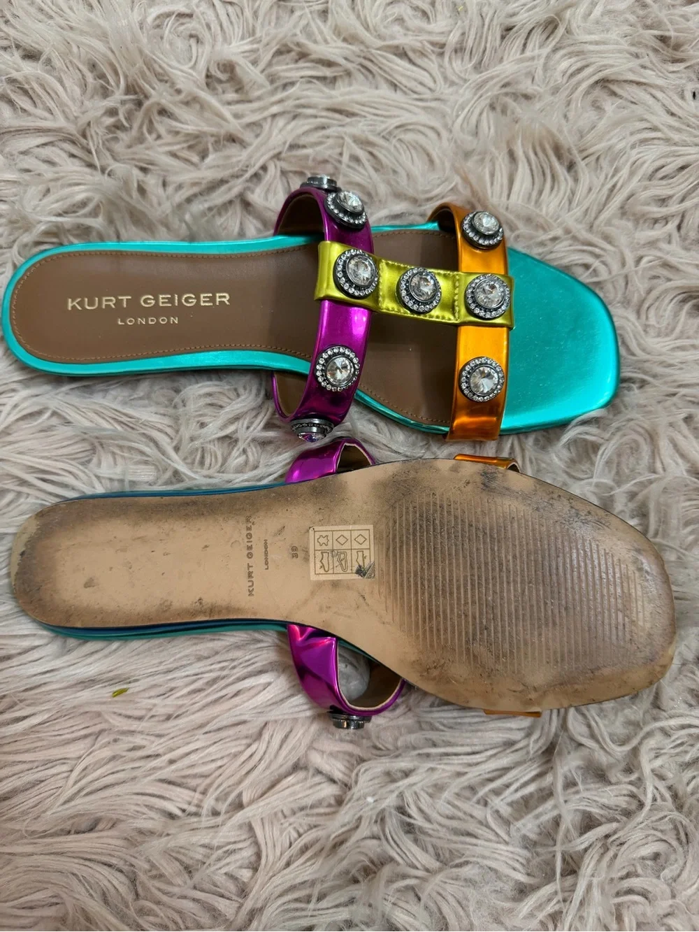 Kurt Geiger Metallic Turquoise Multi-Jeweled Slide Sandals